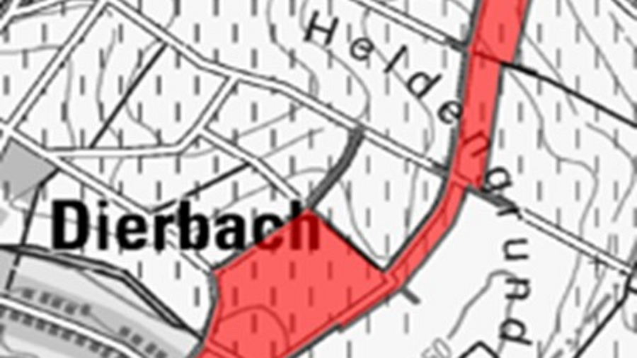 Topografische Karte des Wegebauverfahrens Dierbach-Sand mit rot markierter Verfahrensabgrenzung entlang des Dierbachs und der angrenzenden Wege.