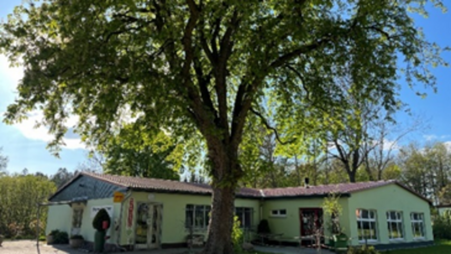 Auf dem Bild ist ein L-förmiges Haus, welches ein Dorfladen darstellt, in der Dorfmitte gelegen, abgebildet.