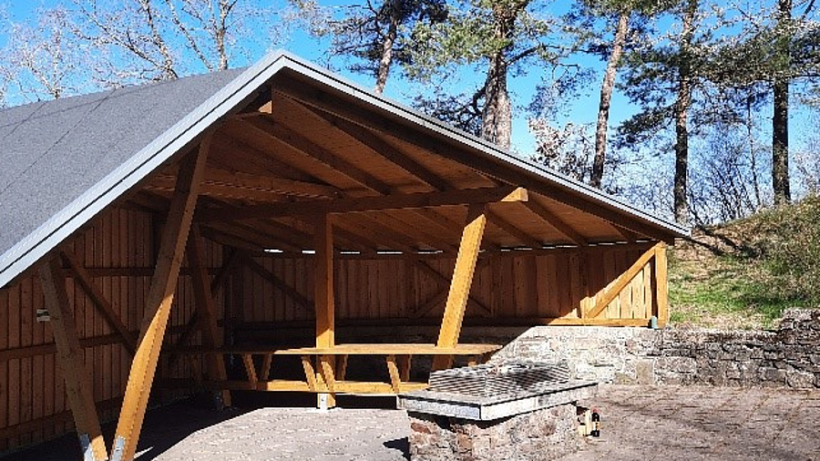 Das Bild zeigt eine Grillhütte gebaut aus Holz und daneben ein Baum sowie eine Wiese